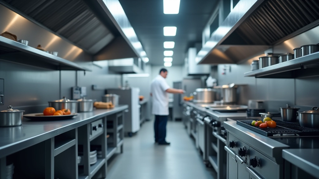 Professional commercial kitchen with complete stainless steel equipment setup and organized workflow