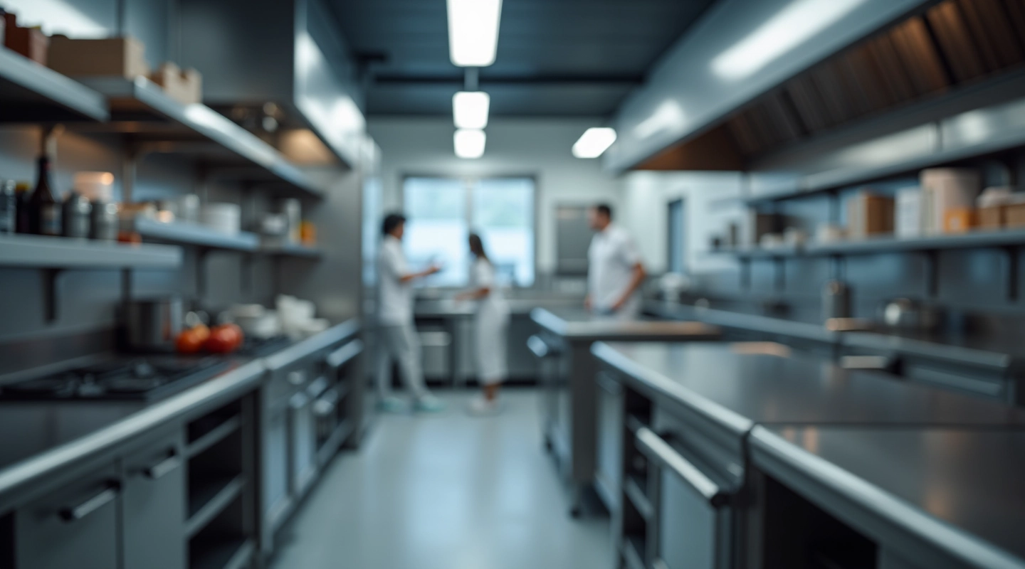 Modern commercial kitchen with stainless steel equipment and organized prep stations