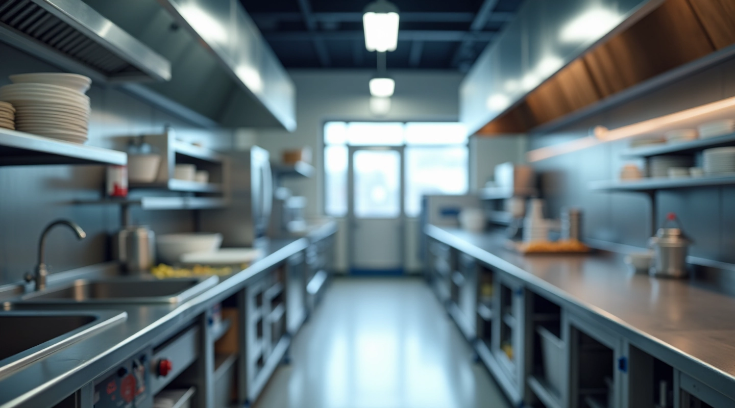 Commercial kitchen stainless steel worktops and prep stations in professional catering space