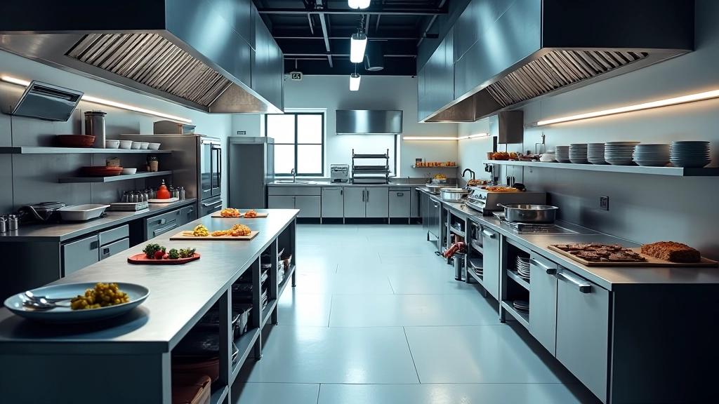 Professional commercial kitchen layout with equipment placement and workflow optimization