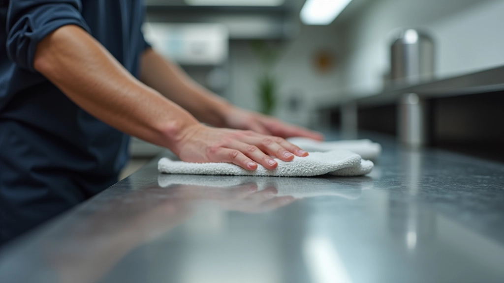 Person using microfiber cloth to clean stainless steel countertop surface with proper grain direction technique