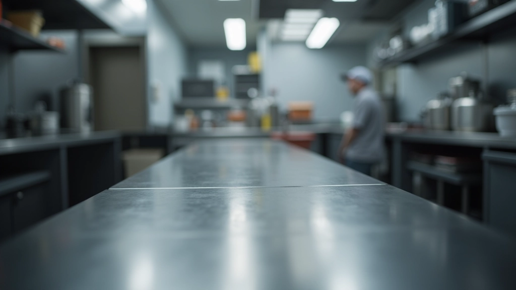 Detail of stainless steel prep table in commercial kitchen