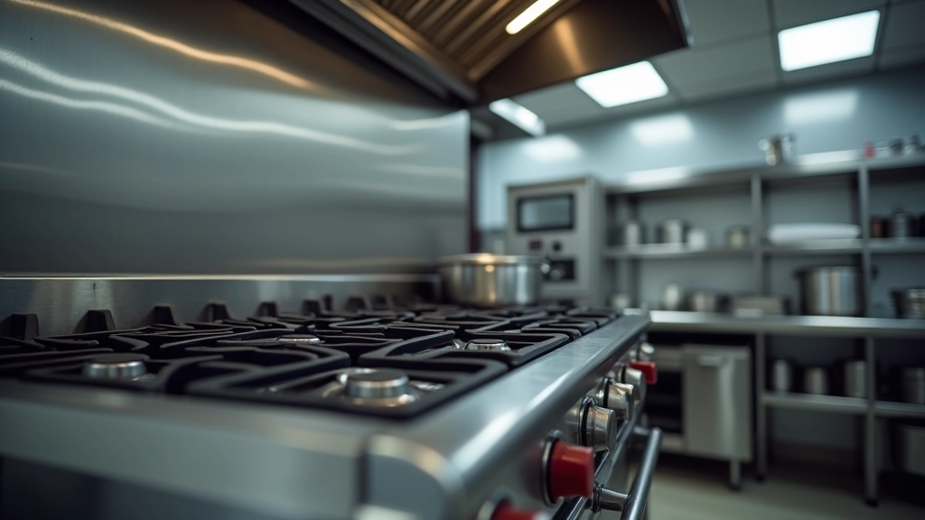 Professional stainless steel range cooker with six burners and oven in modern commercial kitchen