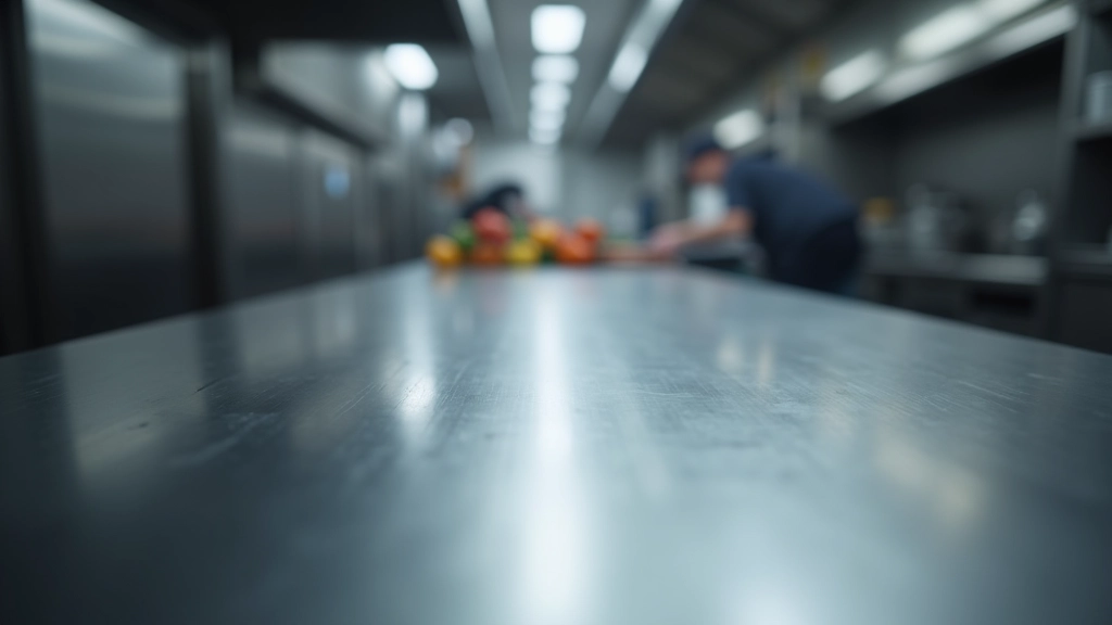 Close-up of professional stainless steel worktop surface with cooking equipment