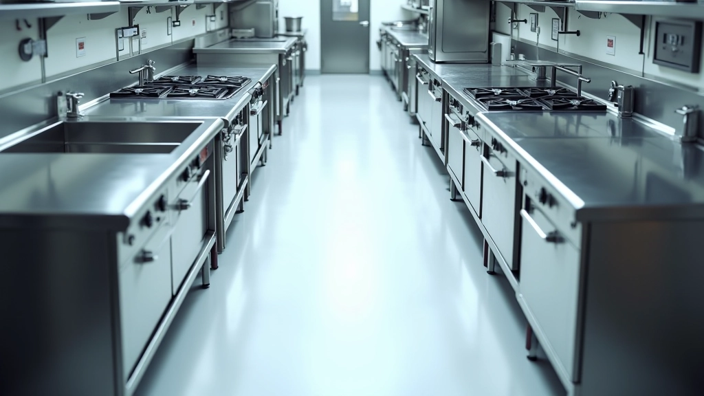 Overhead view of professional kitchen layout showing equipment placement and workflow zones